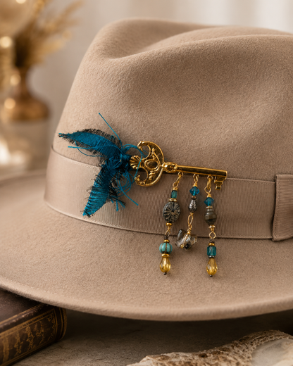 3” Gold-Plated Key Brooch Pin with Czech Glass, Swarovski Butterfly & Beaded Fringe