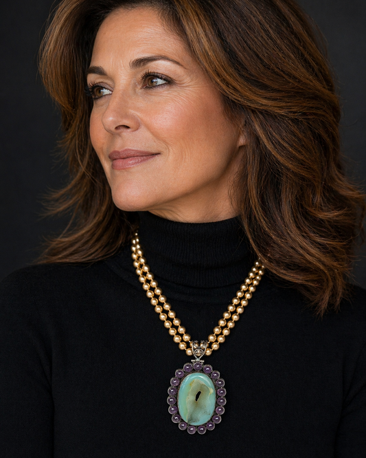 Aqua Druzy Agate & Amethyst Statement Necklace – Double Gold Pearl Strand with Sterling Pendant