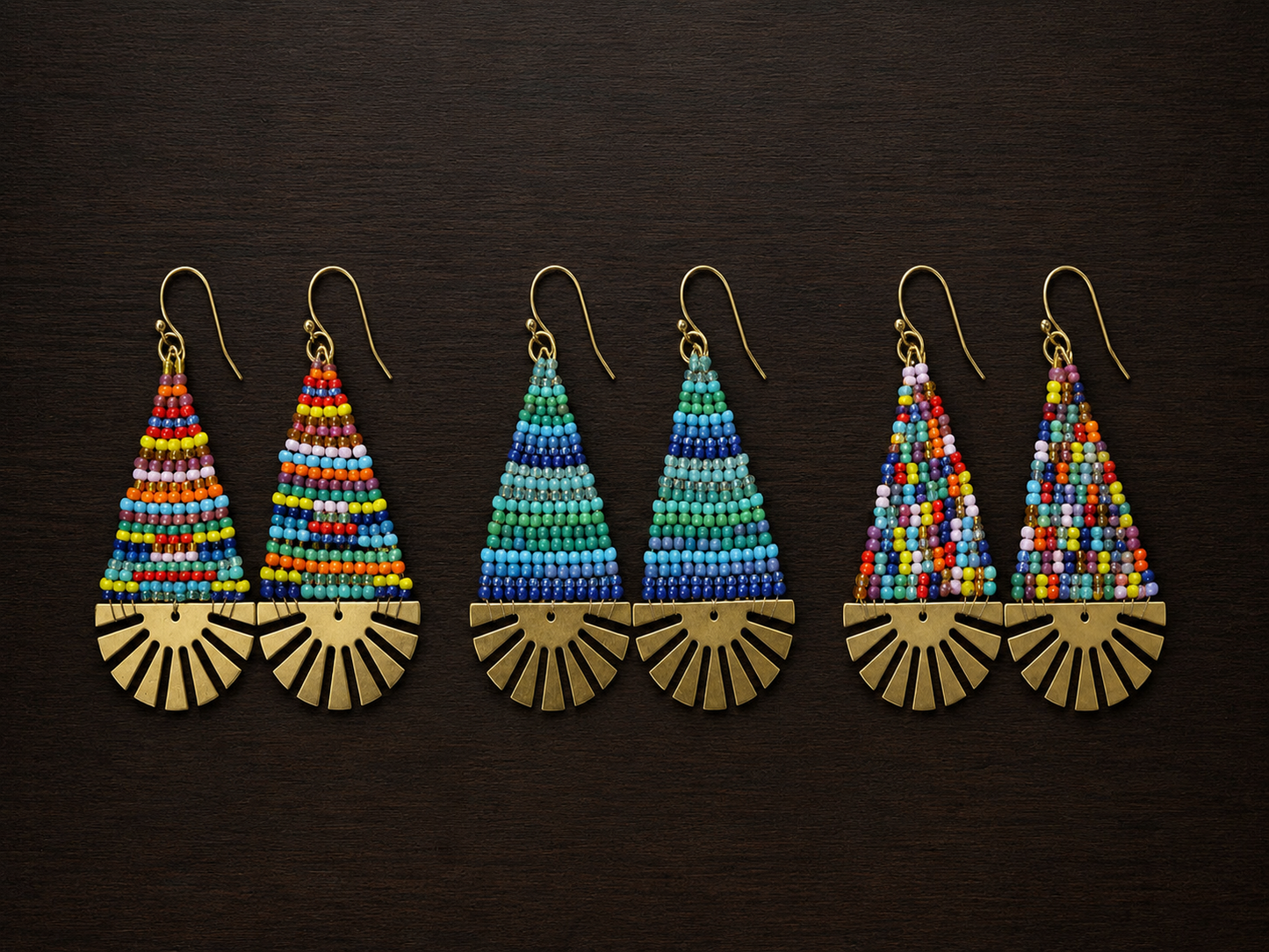 Hand-Beaded Brass Fan Earrings – Three Color Options