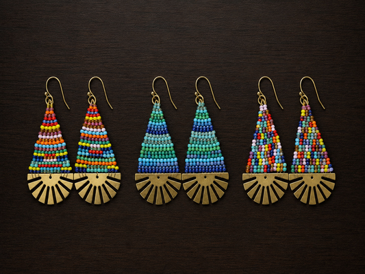 Hand-Beaded Brass Fan Earrings – Three Color Options