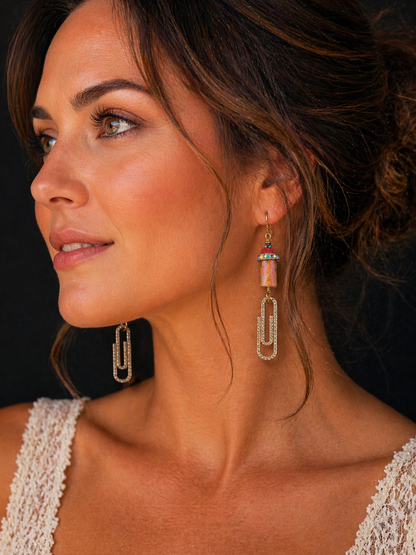 Raku Glow Paperclip Earrings – Rhinestone Link Dangles with Crystal Rondelles