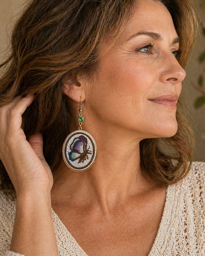 Embroidered Butterfly Earrings – Boho Threadwork Dangles with Green Crystal Accents