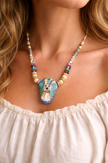 “Double-Sided Bunny Glass Pendant Necklace – Jasper & Austrian Crystal, Artisan 16” Necklace”