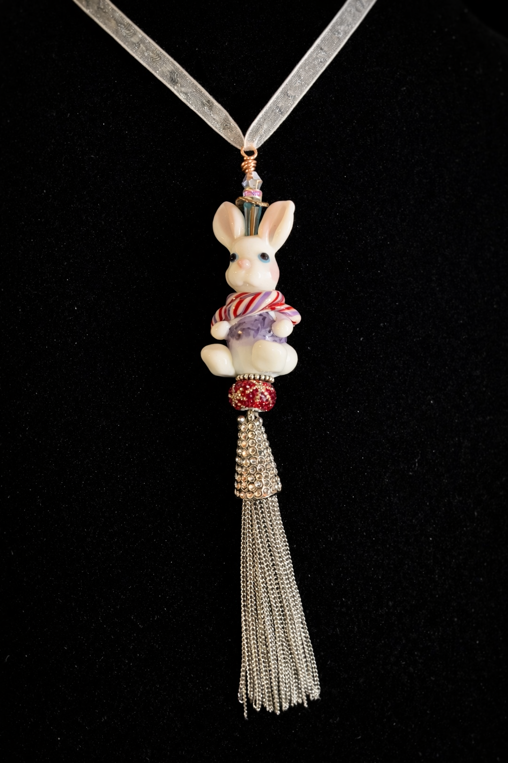 Whimsical Blown Glass Bunny Ornament Necklace – Crystal Tassel Window Catcher