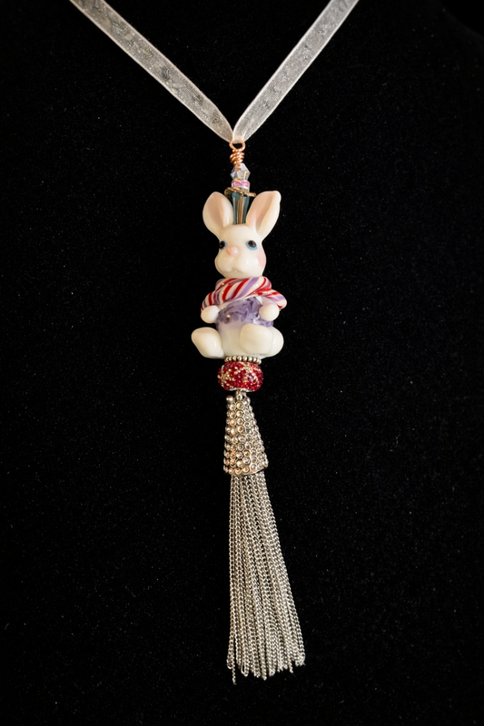 Whimsical Blown Glass Bunny Ornament Necklace – Crystal Tassel Window Catcher