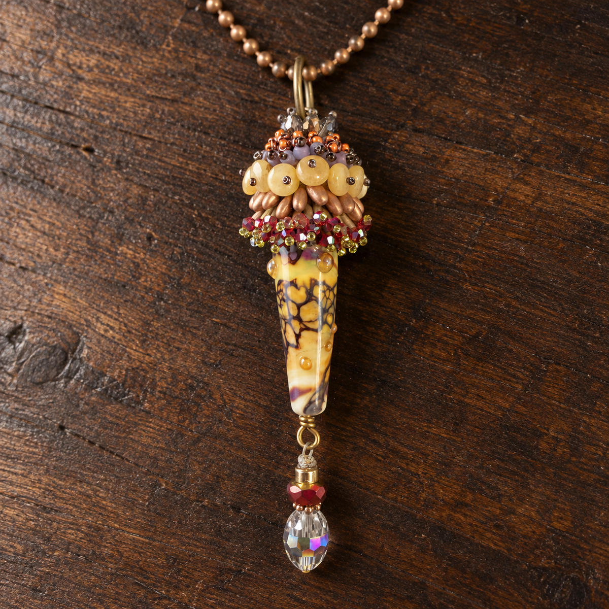 Hand-Blown Glass Pendant Necklace with Austrian Crystals – 32 Inches