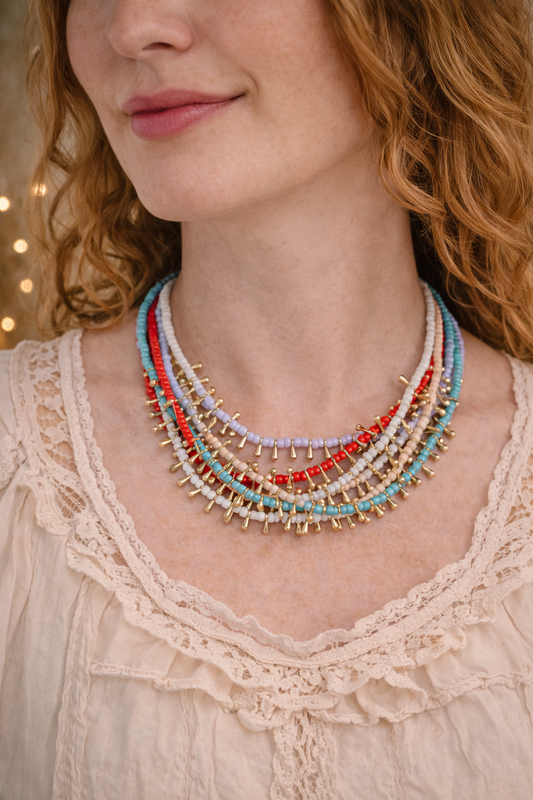 Layered Boho Beaded Necklace Set – 5 Strand Convertible Statement Necklace
