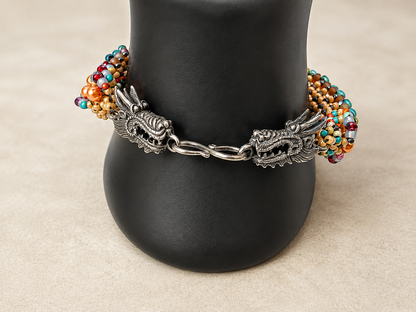 Hand-Beaded Right Angle Weave Bracelet with Crystals, Pearls & Dragon Clasp