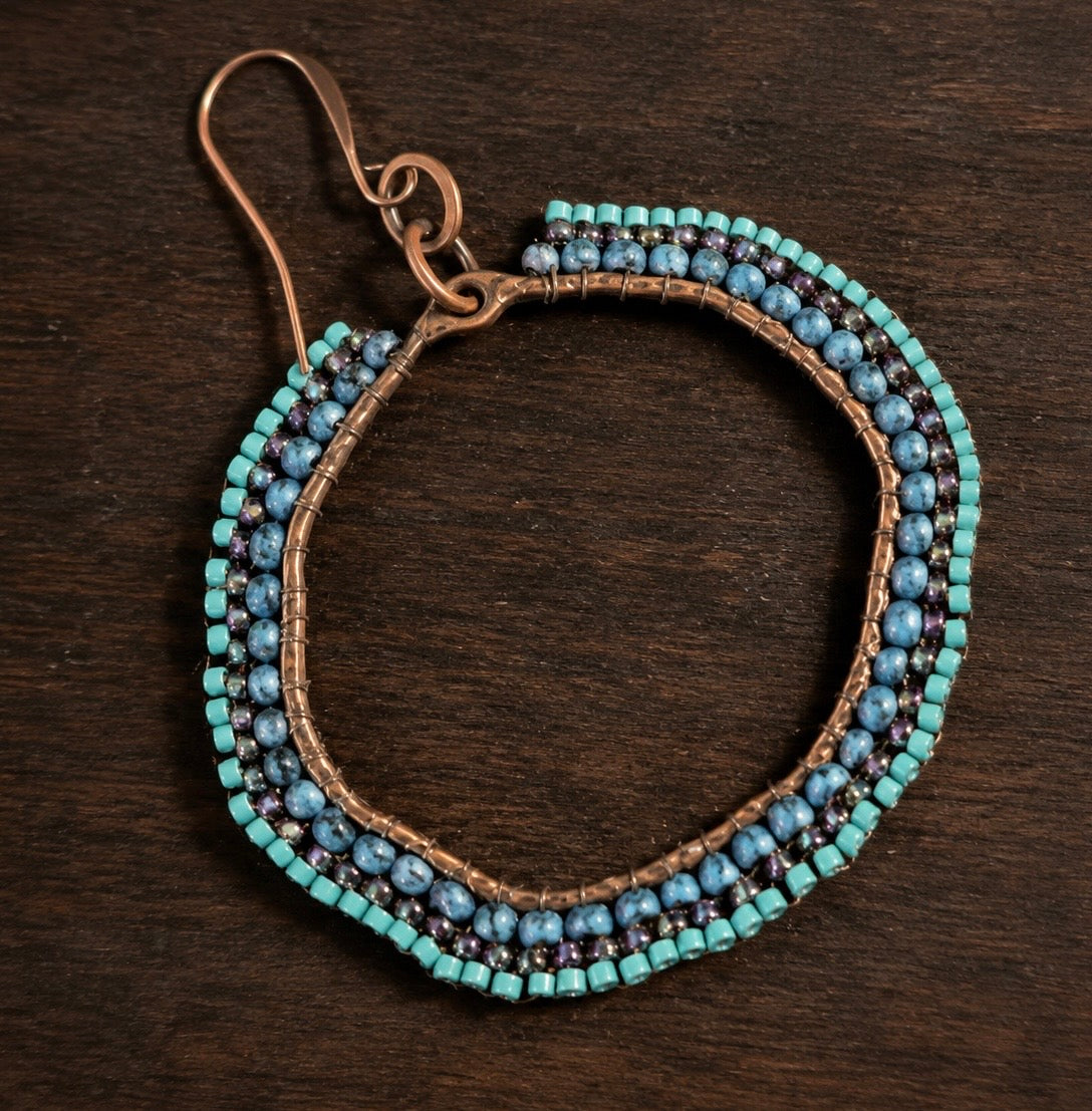 Blue Current Hand-Beaded Copper Hoop Earrings