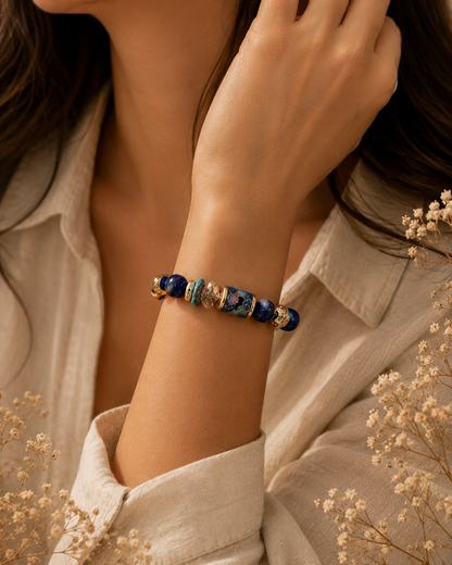 Handmade Turquoise and Lapis Bracelet | Cloisonné Barrel Bead | Crystal Quartz | 7 3/4" Inch Artisan Jewelry (Copy)