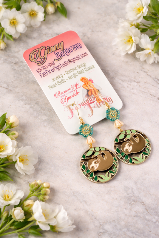 Sloth & Floral Beaded Dangle Earrings – Whimsical Nature Jewelry
