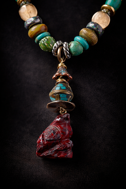 Spirit Flight | African Bead Necklace with Carved Stone Eagle