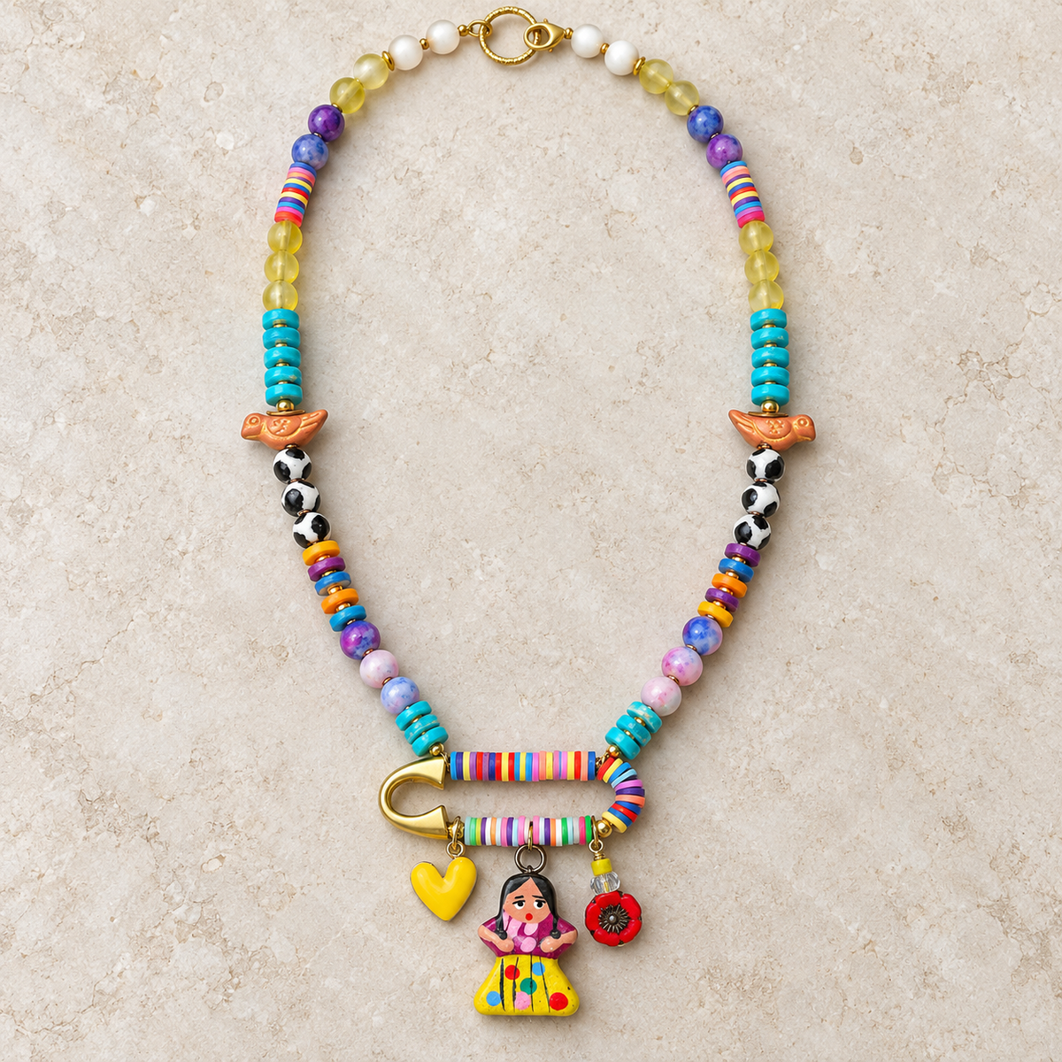 Frida Charm Necklace with Jasper, Heishi Beads & Birds