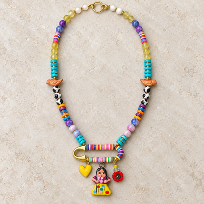 Frida Charm Necklace with Jasper, Heishi Beads & Birds