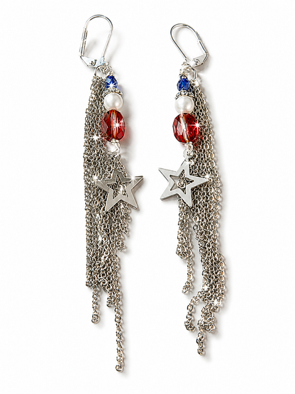 Red White & Blue Swarovski Crystal Patriotic Charm Necklace with Matching Fringe Earrings