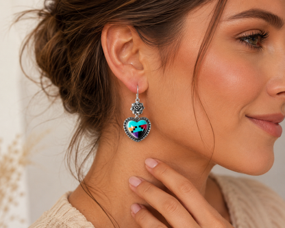 Southwestern Heart Dangle Earrings – Silver-Plated with Colorful Resin Inlay