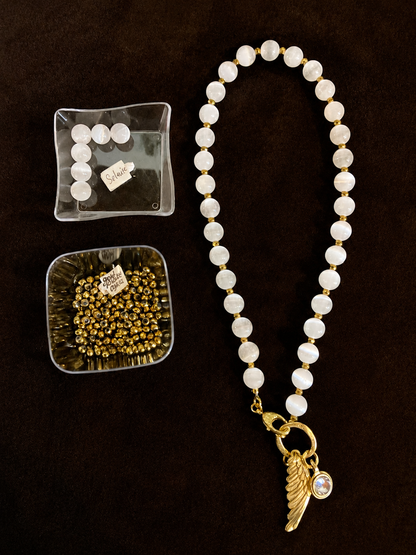 17” Selenite Necklace with Gold-Plated Angel Wing & Swarovski Crystal