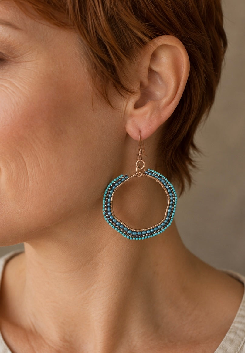 Blue Current Hand-Beaded Copper Hoop Earrings