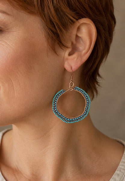 Blue Current Hand-Beaded Copper Hoop Earrings