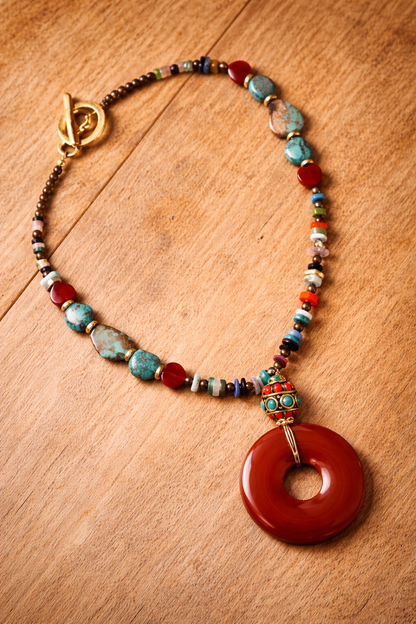 Carnelian Donut & Turquoise Necklace – 16” Handmade Boho Statement with Vintage Heart Beads
