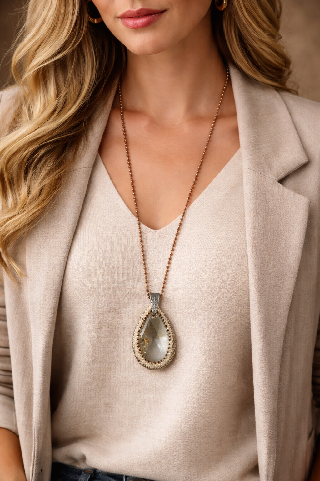 Luminous Drop Crystal Pendant Necklace – Bead Embroidered Statement on Long Ball Chain