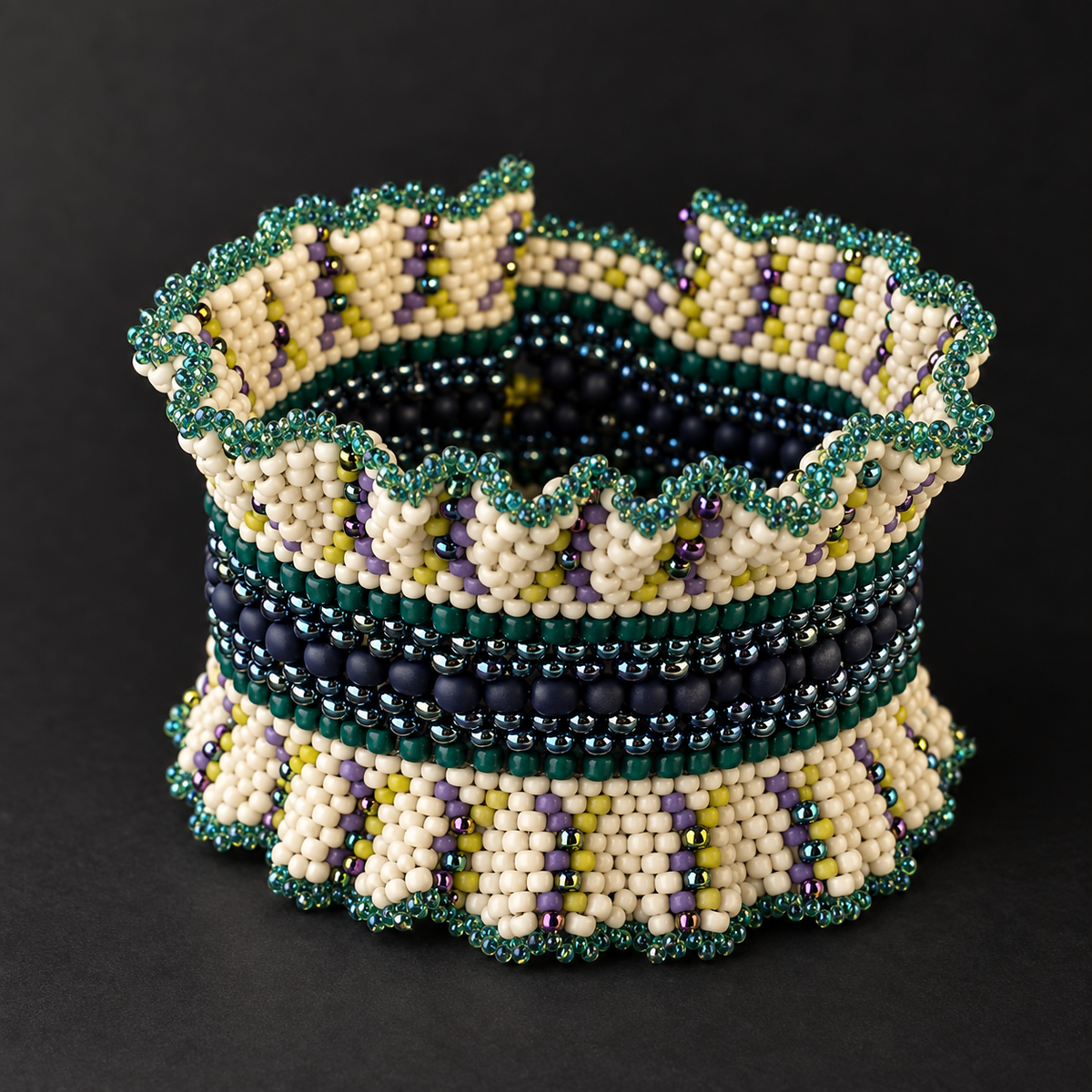 Beaded Ruffle Bracelet with Button Closure, 7.75 Inches