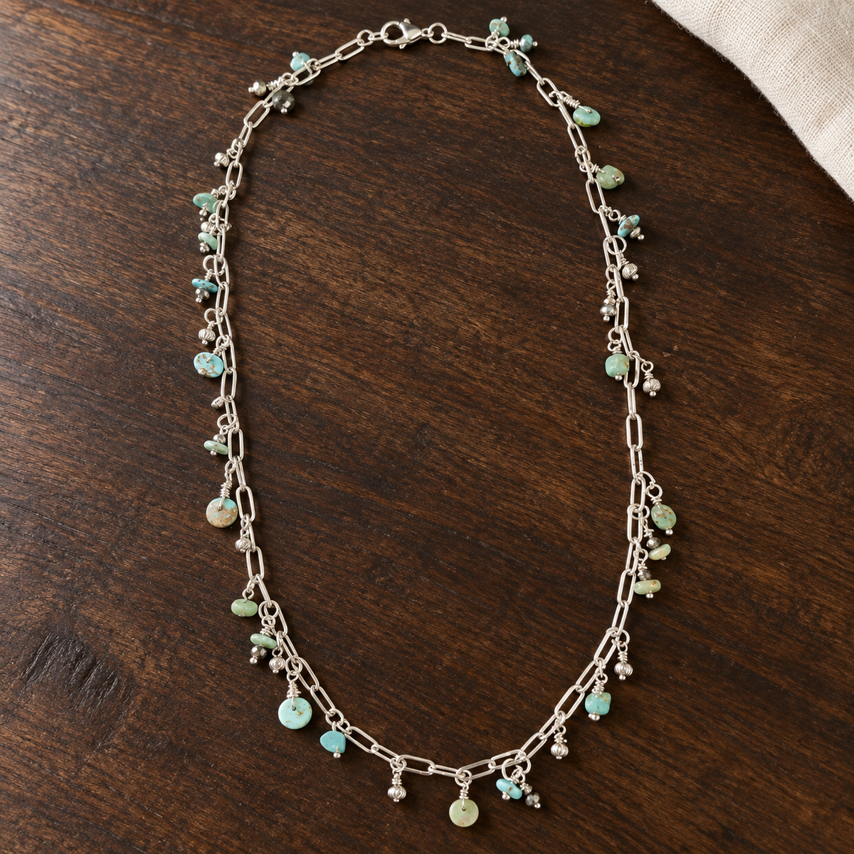 Turquoise & Metal Bead Paperclip Chain Necklace – 28 Inches