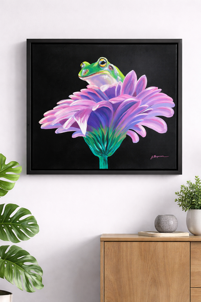 Taking Shelter – Original Acrylic Frog & Floral Painting on 16x20 Canvas (Float Framed)