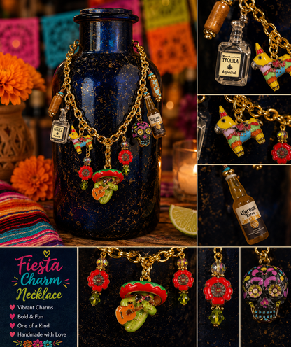 Handmade 17-Inch Fiesta Charm Necklace with Czech Glass Flowers & Vintage Crystals