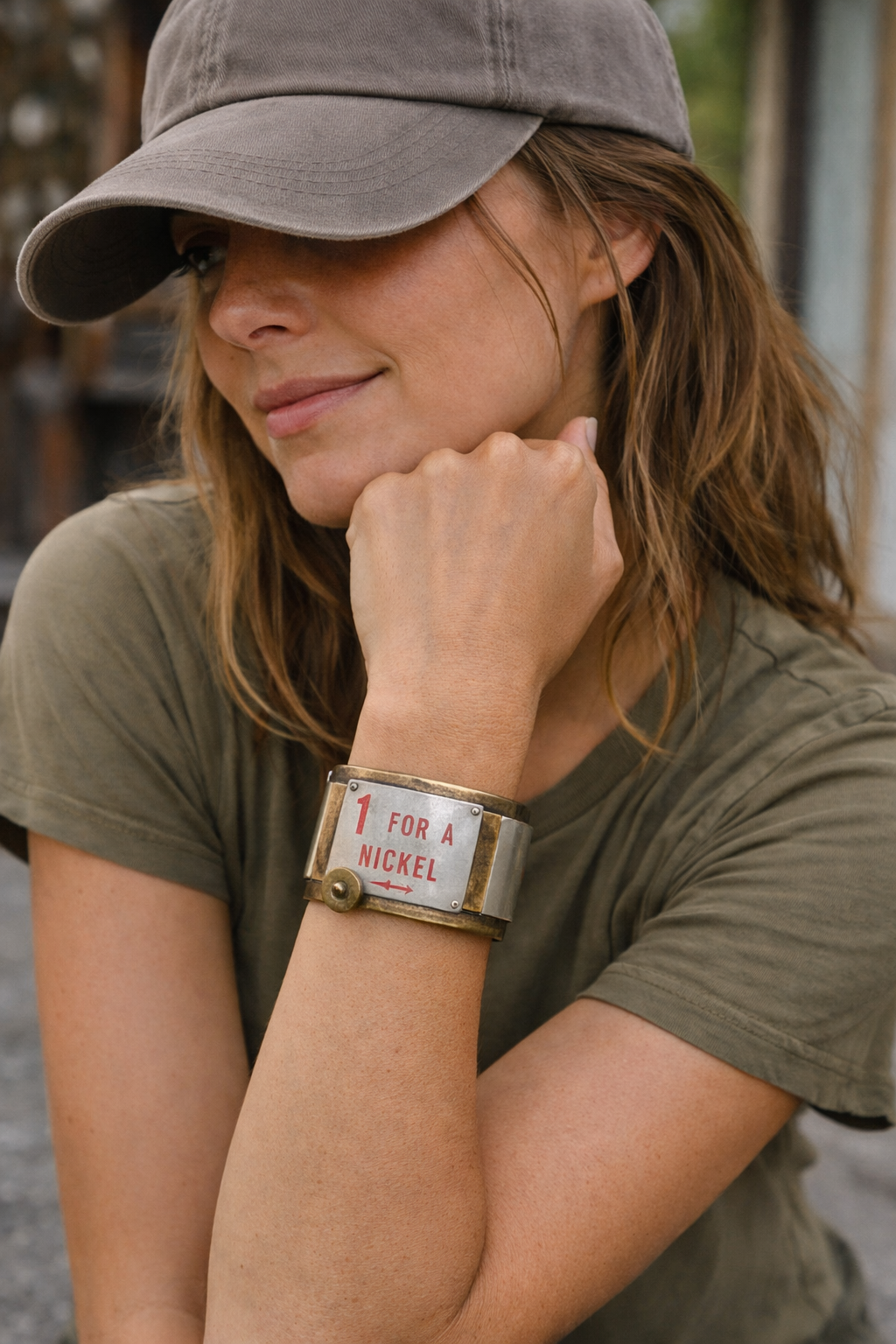 Last Nickel Cuff – Upcycled Vintage Stamp Machine Brass Bracelet with Riveted Industrial Grit