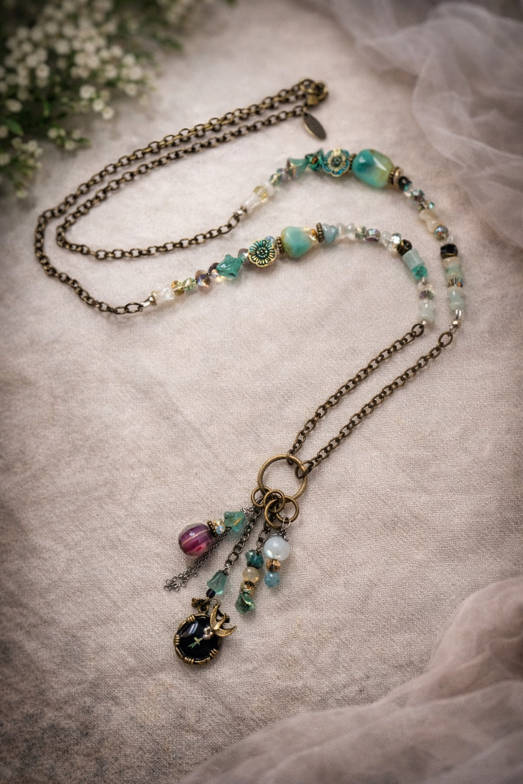 Nest of Wishes Necklace - 38" Boho Charm Necklace with Bird & Pearls