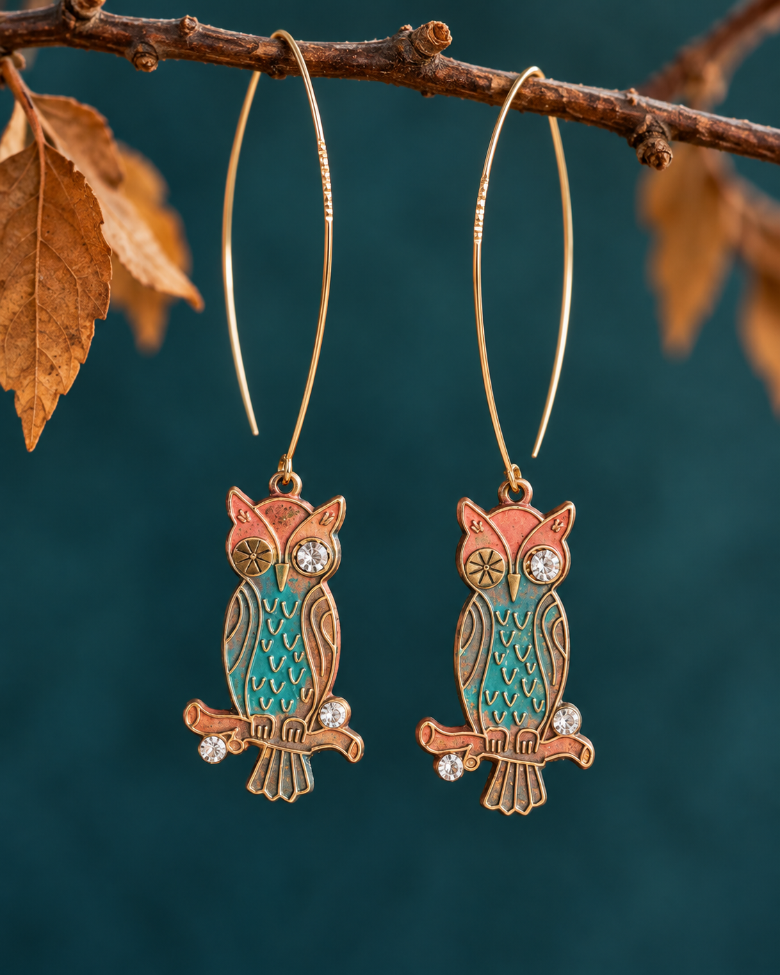Hand-Painted Owl Earrings with Rhinestones