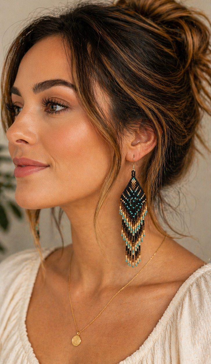 Earth & Sky Fringe Earrings – 4” Handwoven Beaded Dangle Earrings