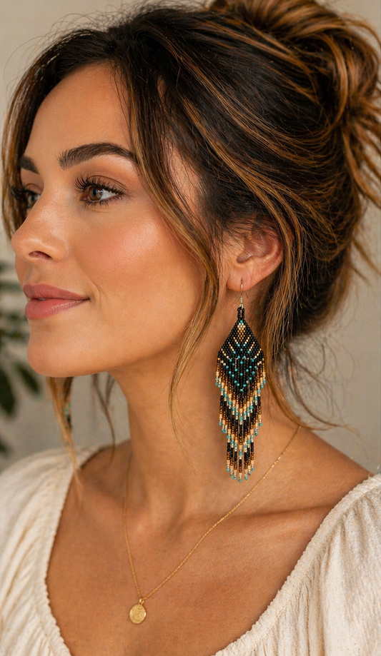 Earth & Sky Fringe Earrings – 4” Handwoven Beaded Dangle Earrings