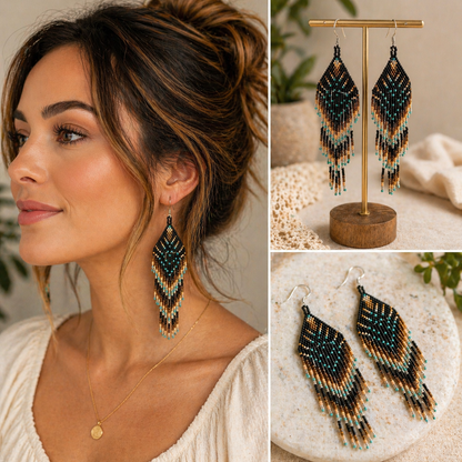 Earth & Sky Fringe Earrings – 4” Handwoven Beaded Dangle Earrings
