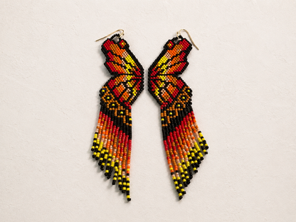 Monarch Wings Beaded Fringe Earrings | Handcrafted 4” Seed Bead Statement Earrings