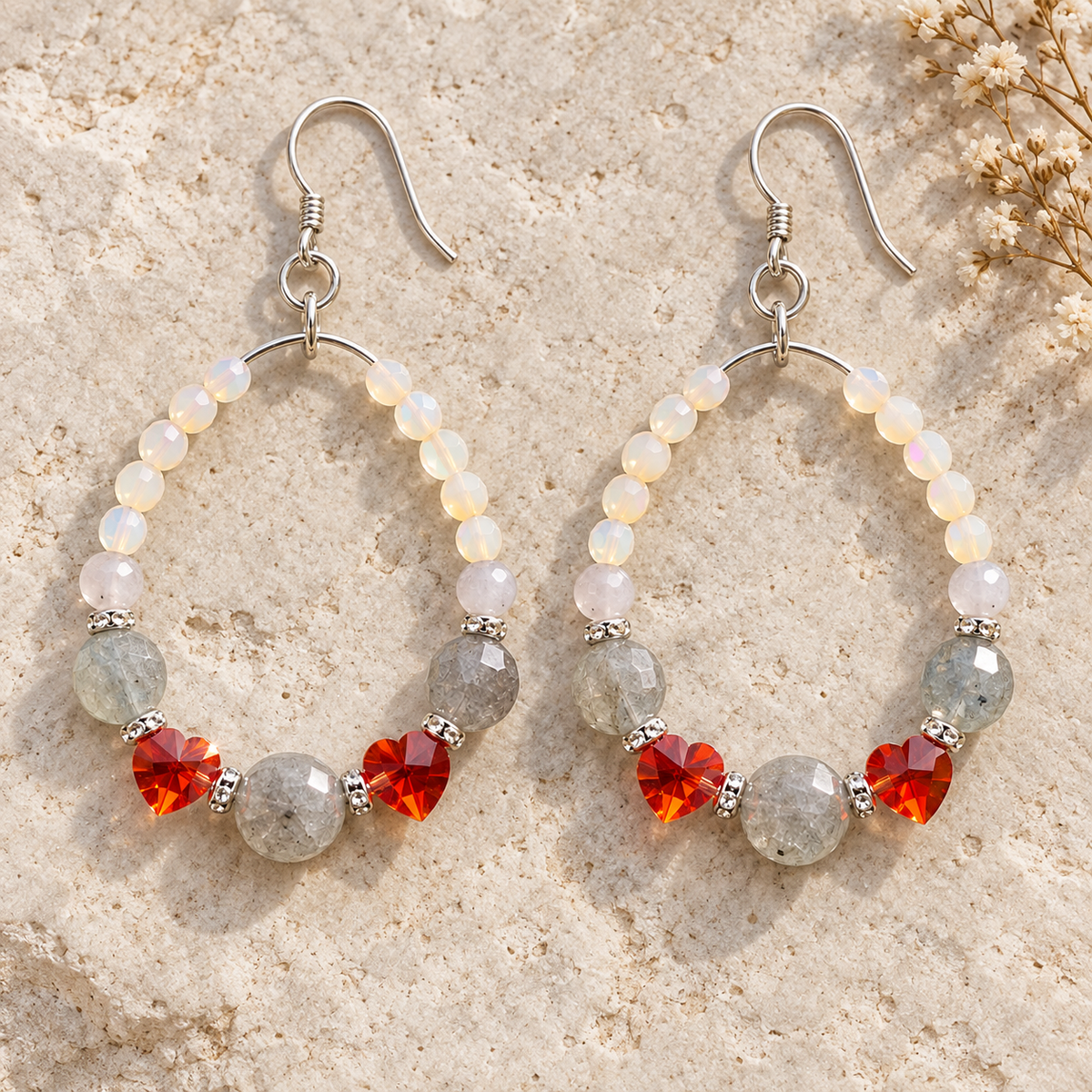 Swarovski Red Heart Hoop Earrings with Czech Beads