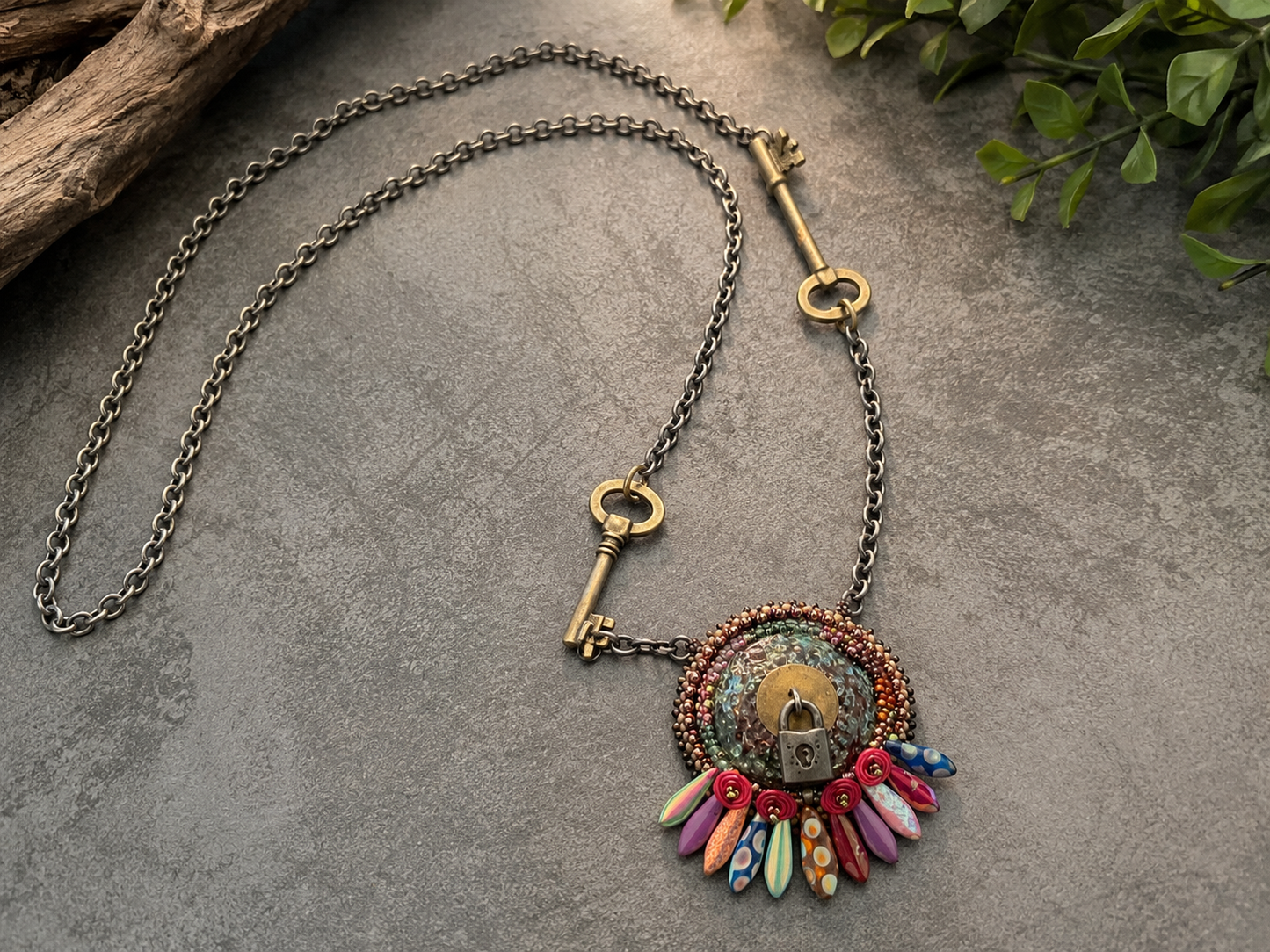 Keeper of the Secrets Handmade Necklace | Raku Clay Dagger Beads, Skeleton Keys & Padlock