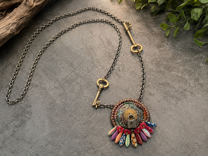 Keeper of the Secrets Handmade Necklace | Raku Clay Dagger Beads, Skeleton Keys & Padlock