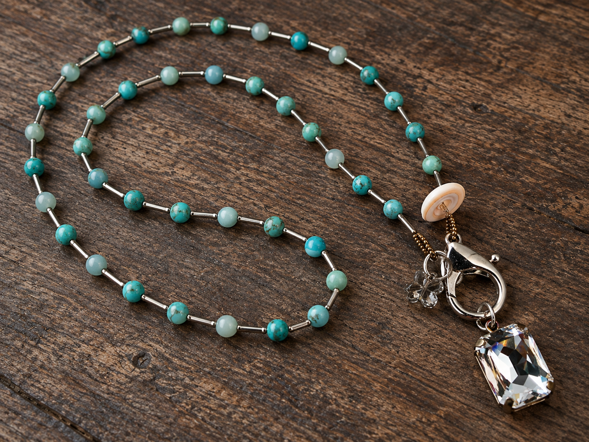 32-Inch Turquoise Jasper Necklace with Seashell, Swarovski Butterfly & Removable Rhinestone Pendant
