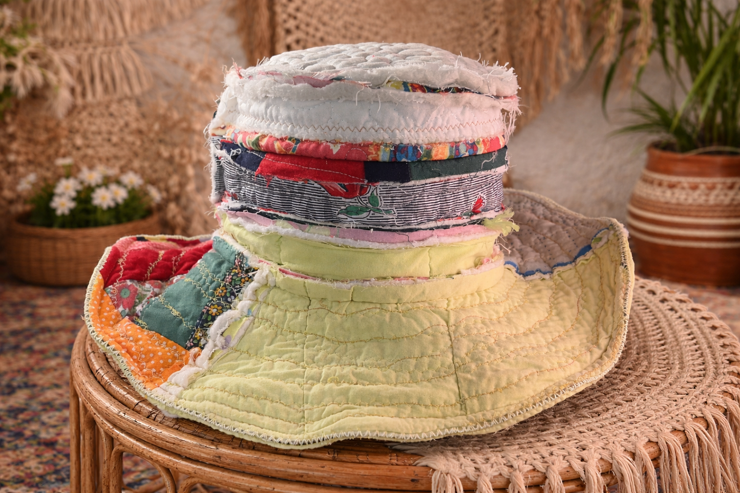 Dorothy Jean Boho Darned Patchwork Hat w/ Tassels – Reversible Multi-Brim Sun Hat (Small)