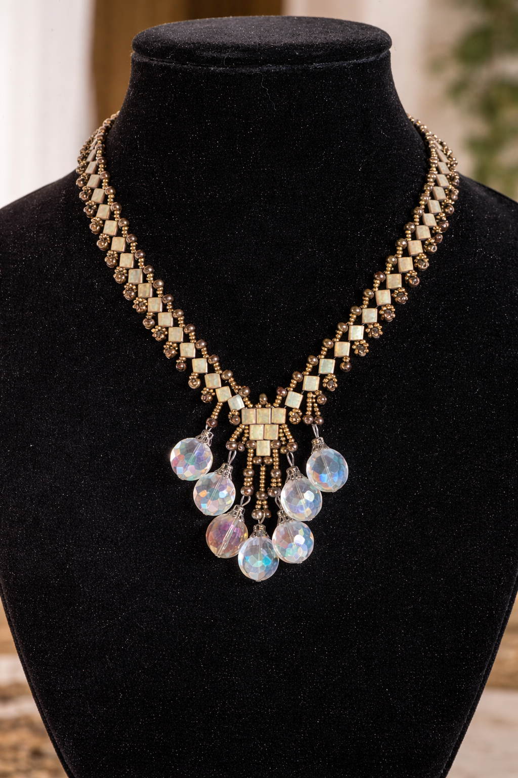 Aurora Mosaic Crystal Necklace - Handwoven Tila Bead Necklace with Crystal Drops