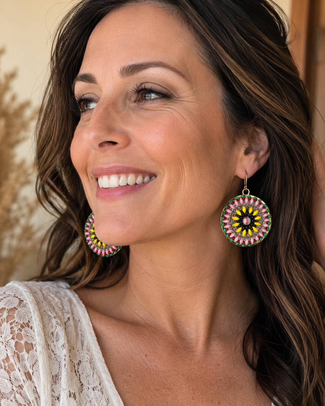 Handmade Beaded Hoop Earrings | Pink Yellow Green SuperDuo & Seed Bead Earrings | Gold Hoop Dangle Earrings