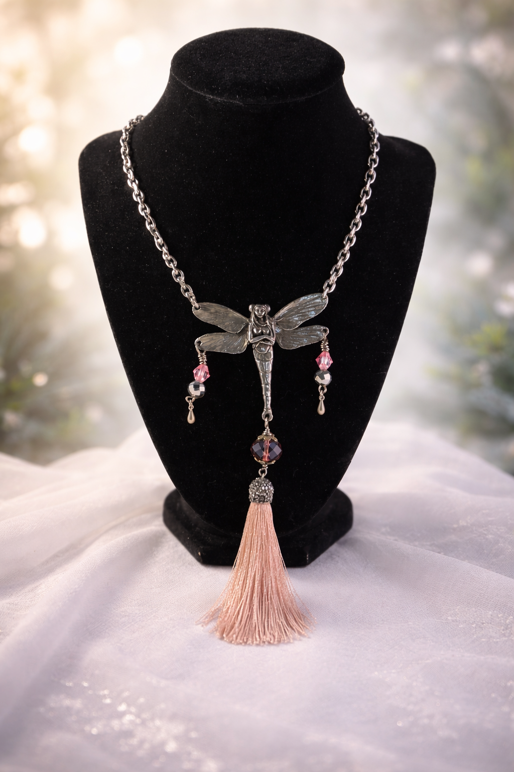Blush Dragonfly Tassel Necklace – Silver Fairy Pendant with Crystal Accents