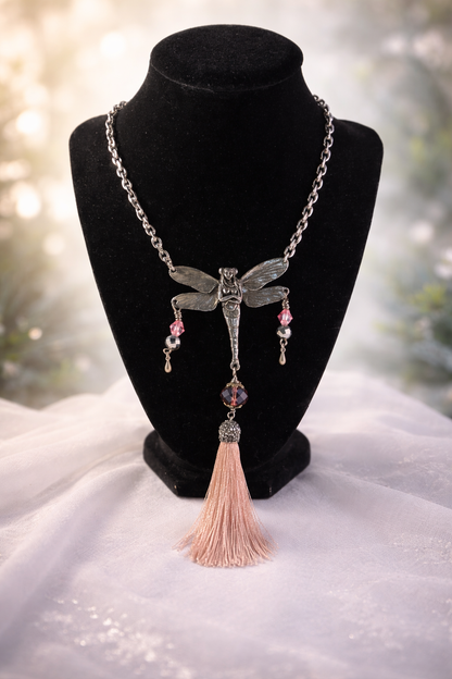 Blush Dragonfly Tassel Necklace – Silver Fairy Pendant with Crystal Accents