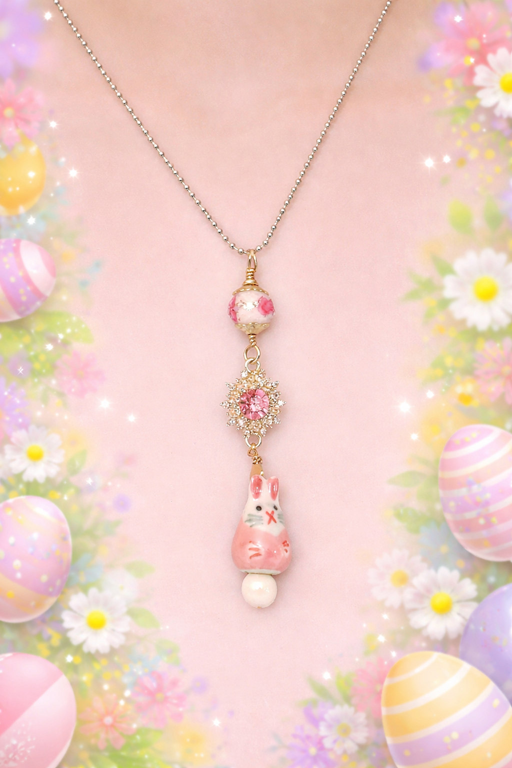 Pink Porcelain Bunny Necklace – Austrian Crystal Connector & Floral Glass Bead on 30” Chain