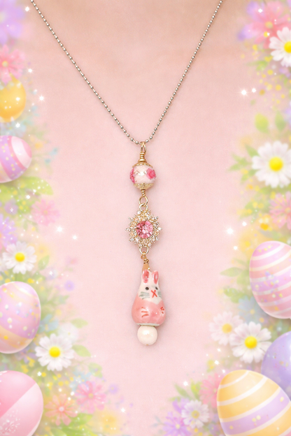 Pink Porcelain Bunny Necklace – Austrian Crystal Connector & Floral Glass Bead on 30” Chain
