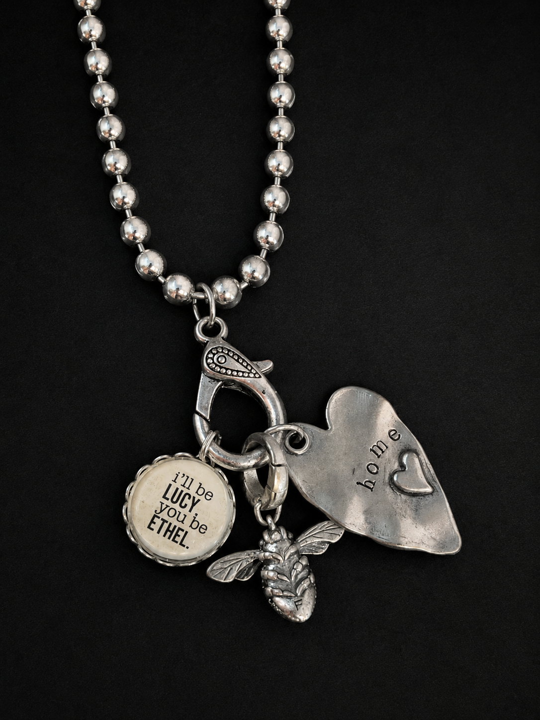 Handmade Lucy & Ethel Charm Necklace | Silver Ball Chain with Bee and Home Heart Charms | 18 Inch Necklace
