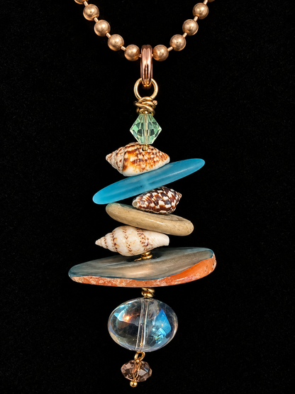 Copper Mermaid Necklace with Real Seashells, Beach Glass & Abalone – 30” Adjustable