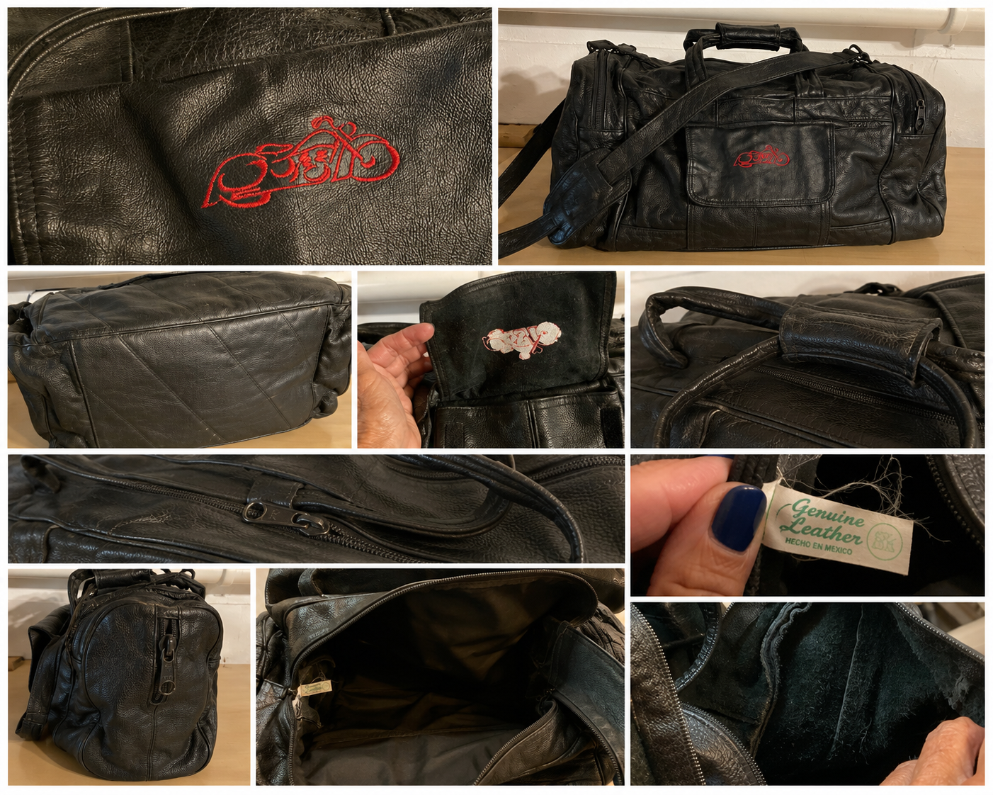 Vintage All Leather Motorcycle Travel Duffel Bag with Embroidered Easy Rider Logo